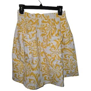 Yellow White Damask Print Linen Blend A-Line Apron Tie Waist Pockets